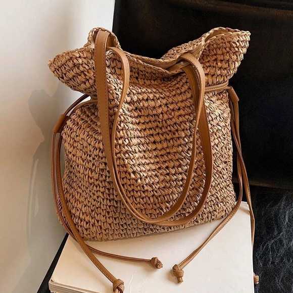 Boho Khaki Vegan Leather Straw Medium Size Tote Bag - Picture 3 of 6